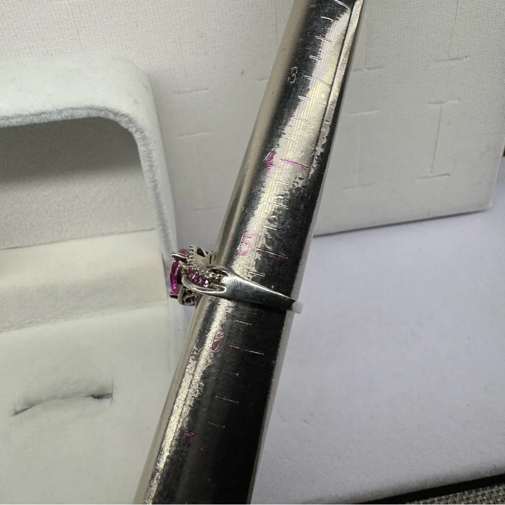 Pink Sapphire & Diamonds & Topaz 925 Sterling Silver Ring Size 5.5